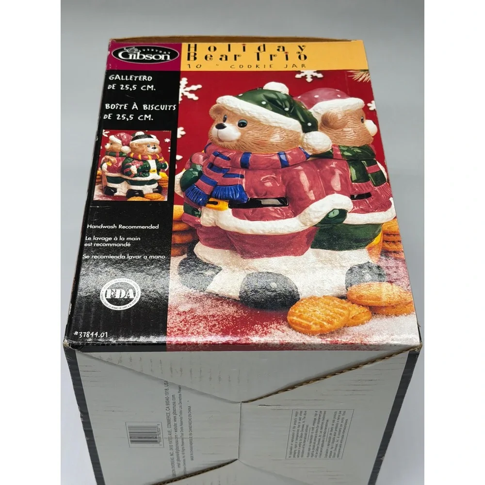 2001 Gibson Holiday Bear Trio 10 Inch Cookie Jar Ceramic Festive Christmas Decor